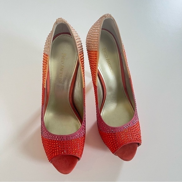 Platform Heels Enzo Angiolini 10 Barbie Peep Toe Stiletto Red Pink Orange - Picture 7 of 12